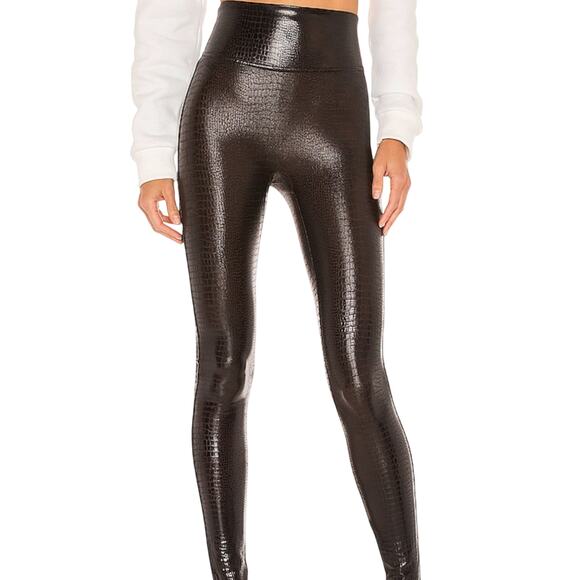 SPANX Pants - Spanx Textured Brown Faux Leather Croc Shine Leggings Size M